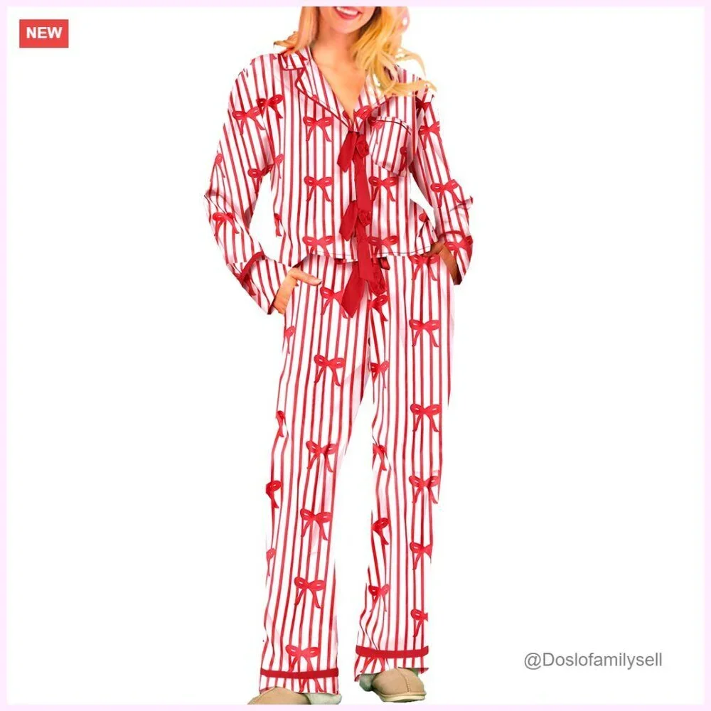 Satin Pajama Set Elegant Bow Tie Long Sleeve Top Pants Sleepwear Lounge